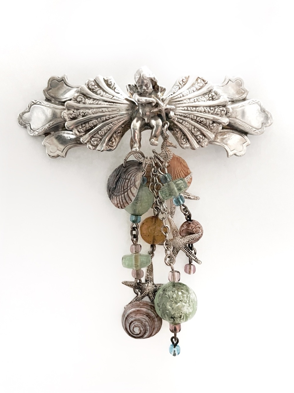 80s Exquisite KIRKS FOLLY Cupid Seashell Dangle Clip Barrette FRANCE Silverplate